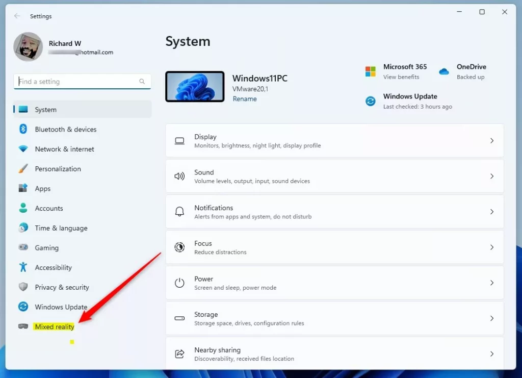 mixed reality button in settings app