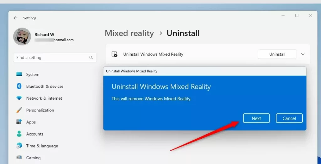 uninstall mixed reality next step