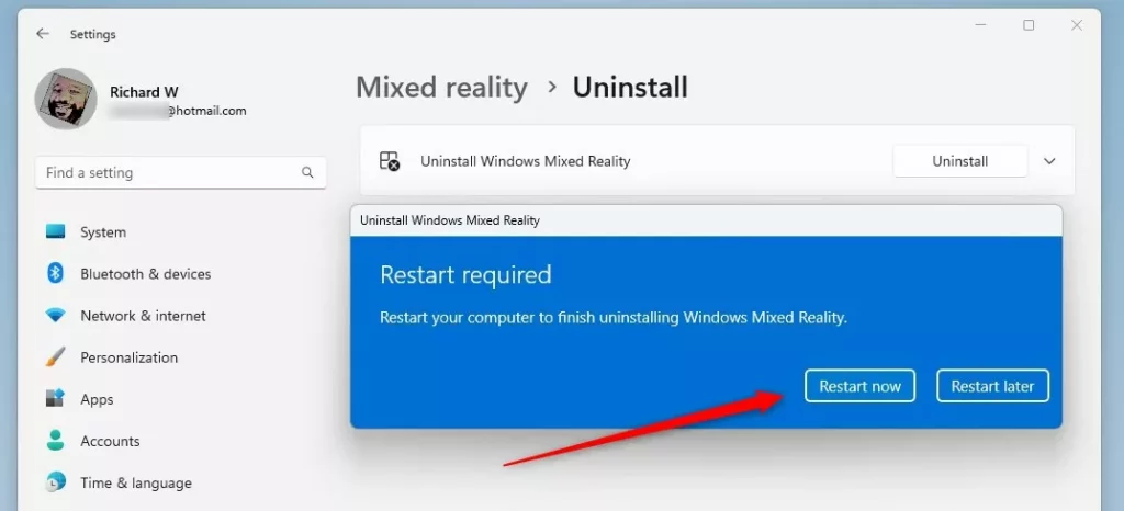 uninstall mixed reality restart now button