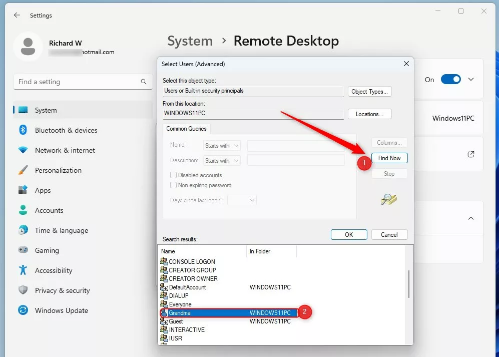 windows add remote desktop user advanced select user to add