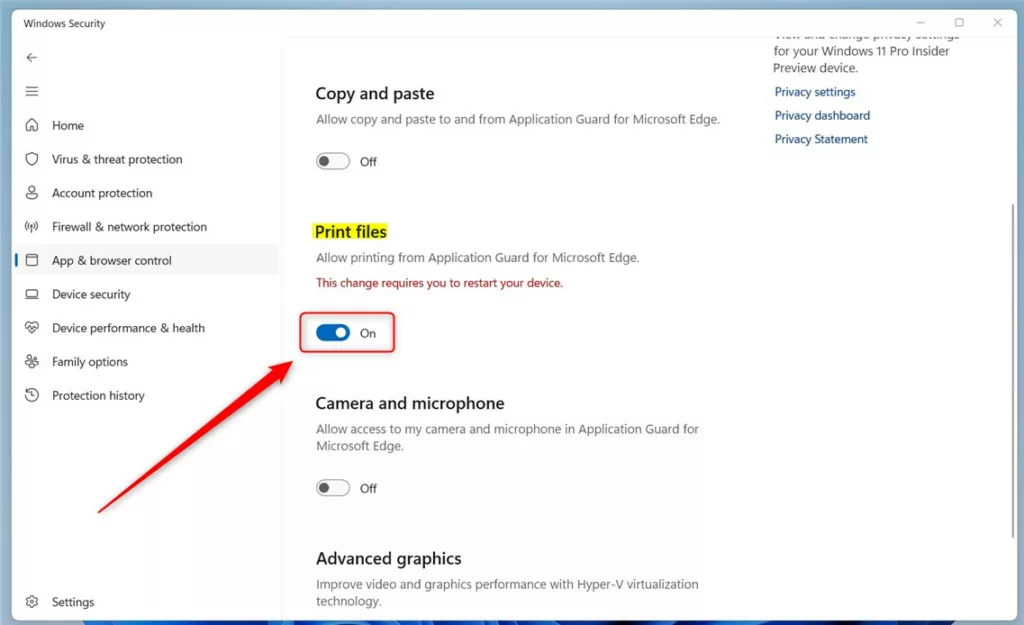 windows application guard enable or disable print file