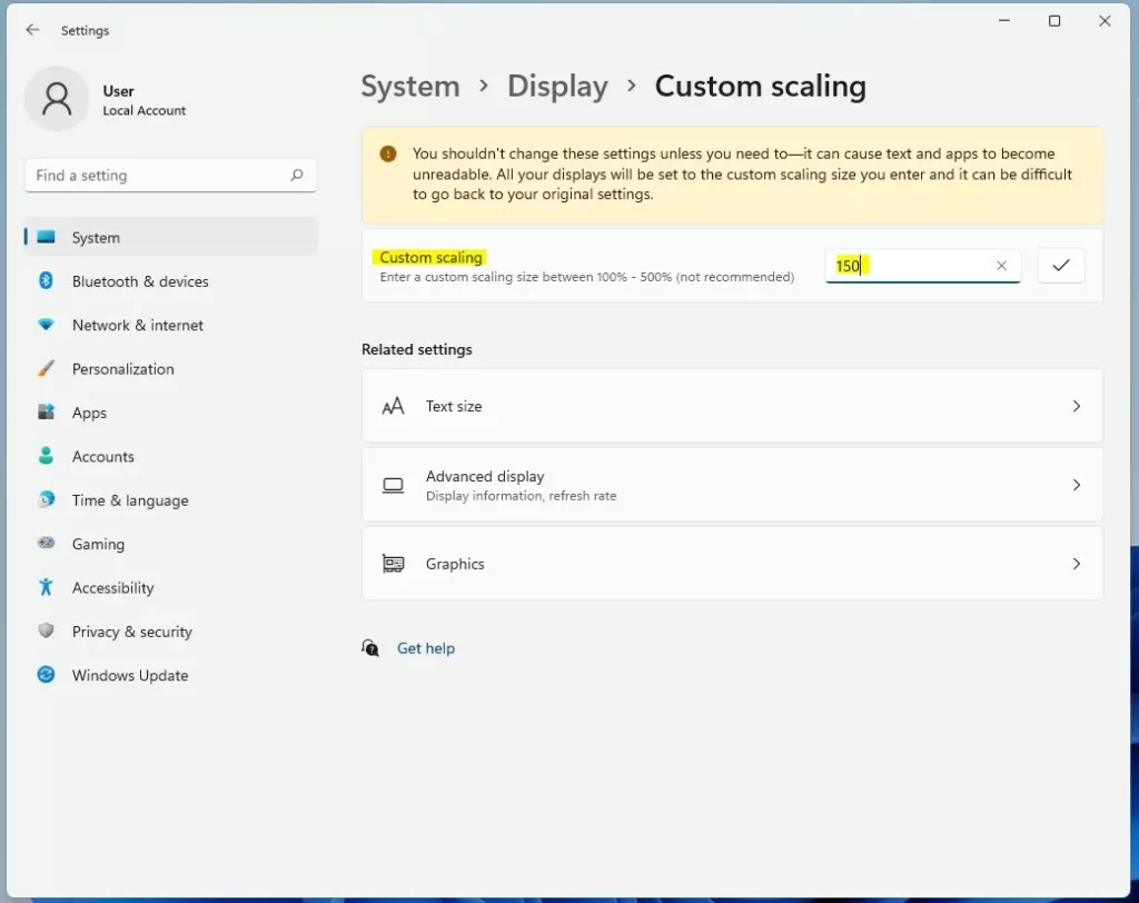 windows 11 custom scaling value