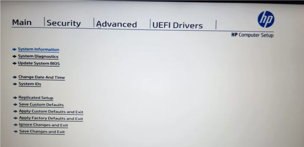 windows device uefi bios menu screen