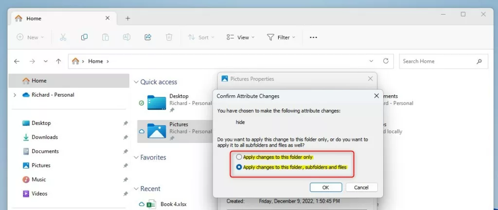 windows item attribute to hide or unhide files and folders