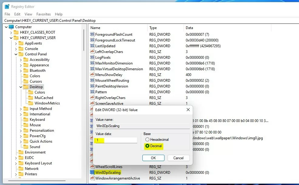 windows 11 registry desktop win8dpiscaling value data