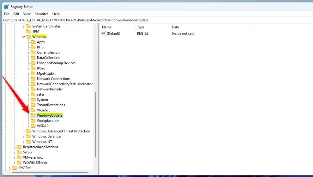 windows registry editor windows update folder key
