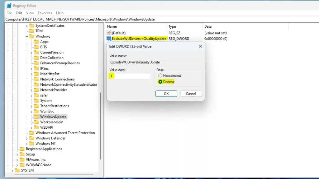windows registry editor windows update value data