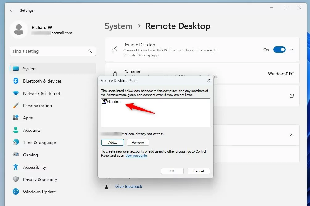 windows remote desktop users window with user account