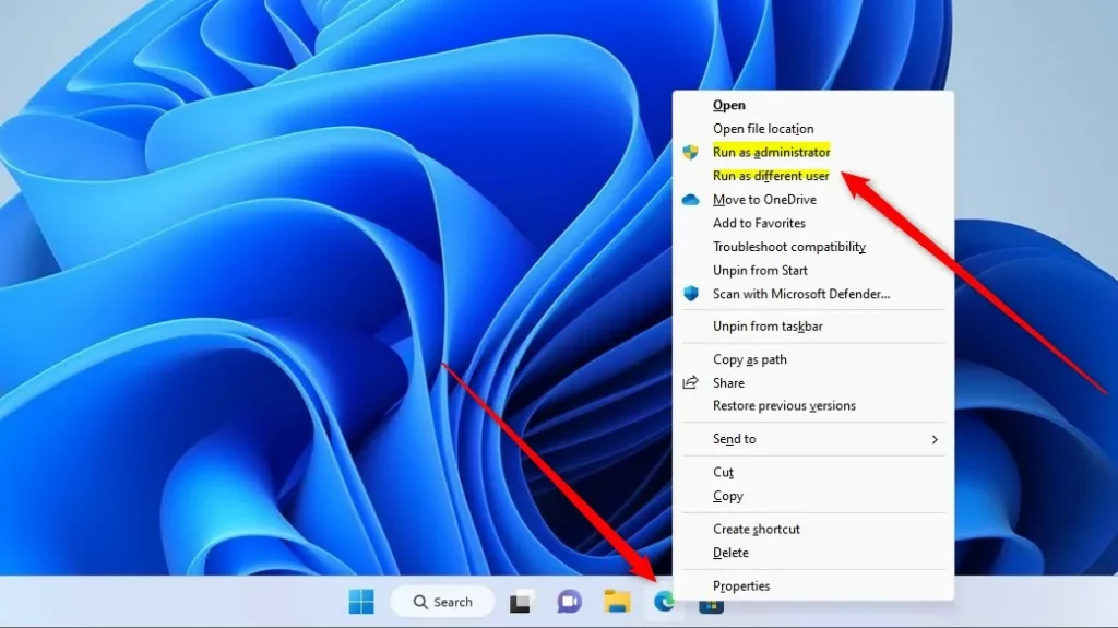 windows run as different user or administrator from taskbar