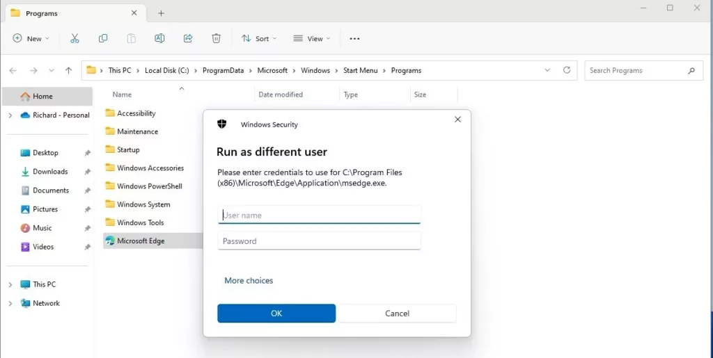 windows run as different user or administrator prompt window