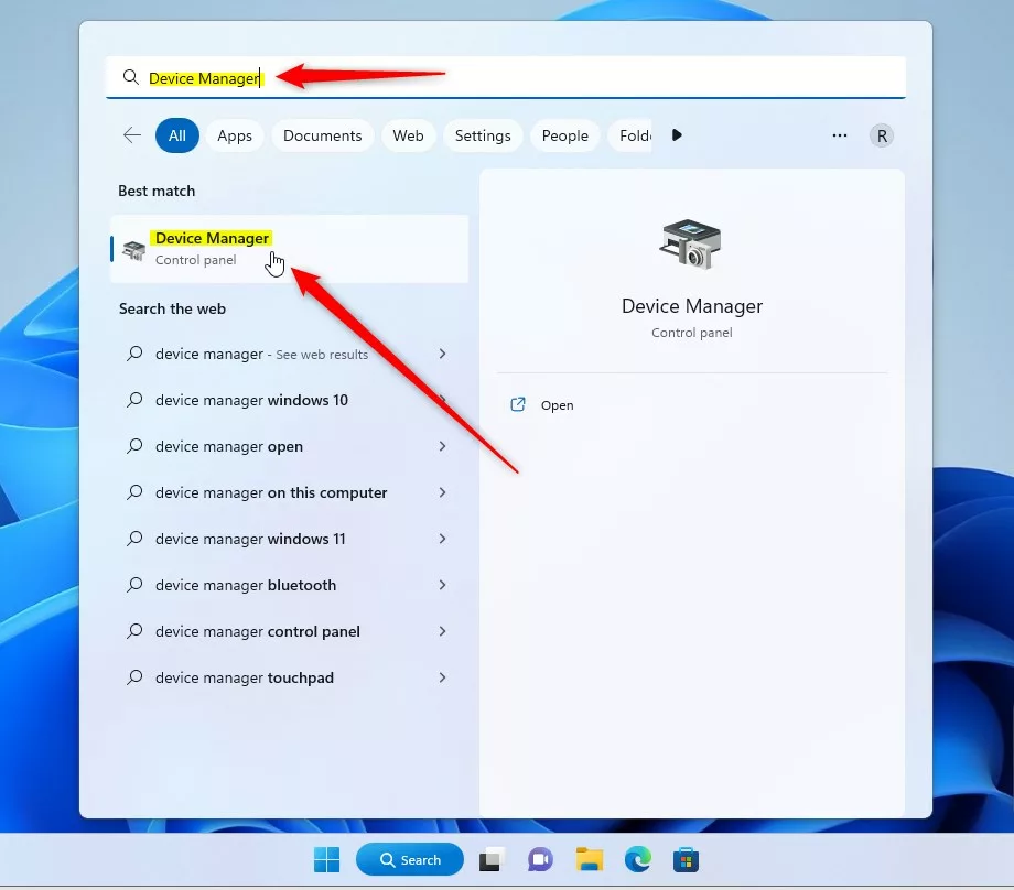 windows search device manager on start menu