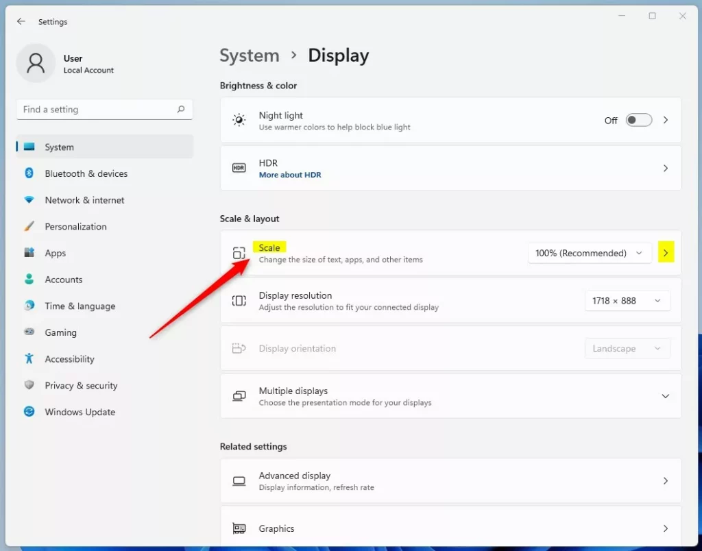 windows 11 settings display scale tile expand