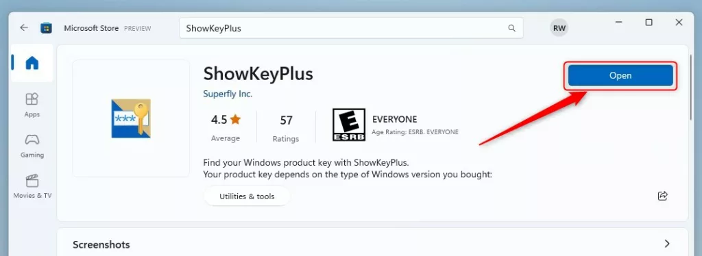 windows showkeyplus app to show product key open app