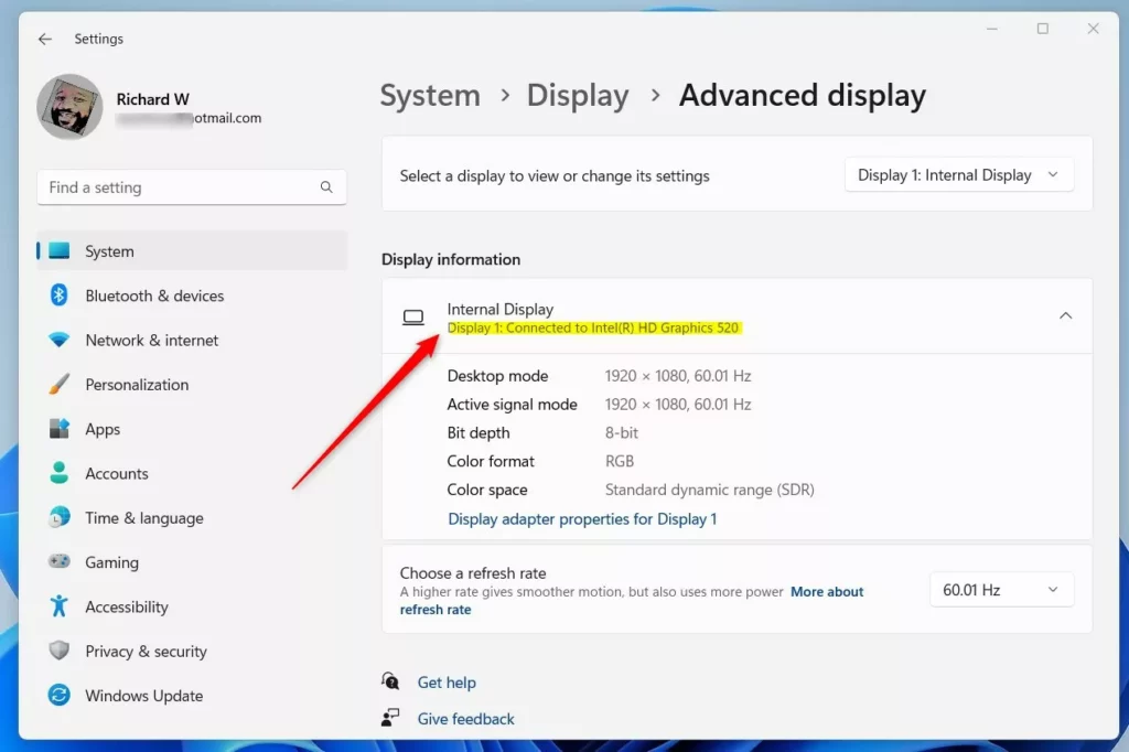 windows system display advanced display details