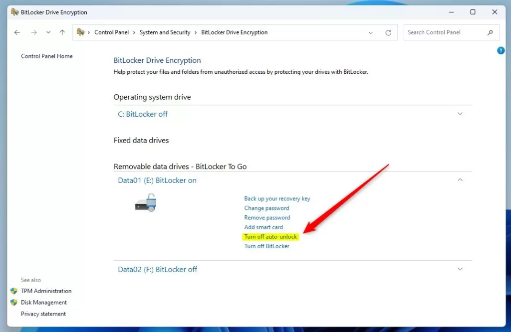 windows 11 turn off bitlocker auto unlock for fixed drive