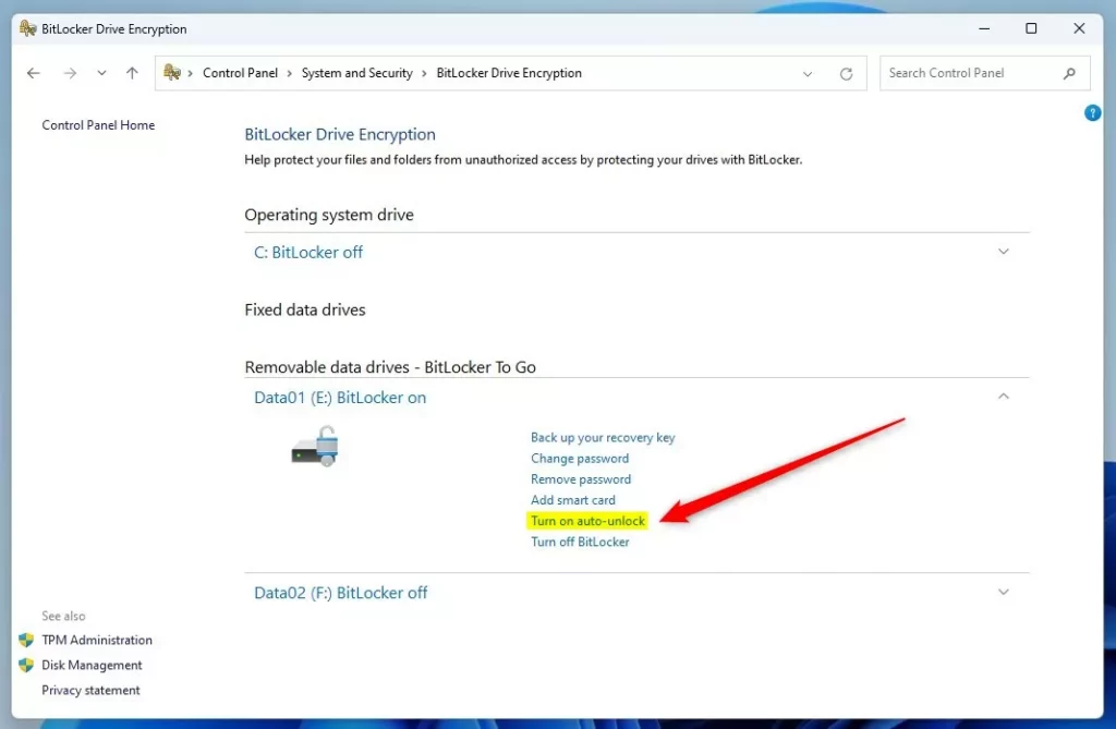 windows 11 turn on bitlocker auto unlock for fixed drive