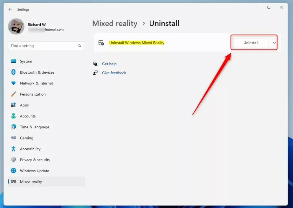 windows uninstall mixed reality from settings app button