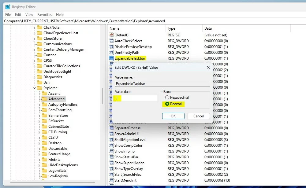 windows registry ExpandableTaskbar value data