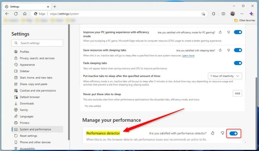 Microsoft Edge performance detector button