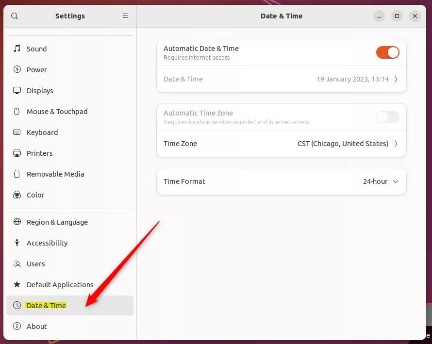 Ubuntu Linux date and time pane