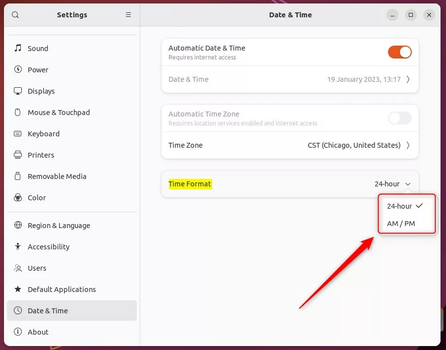 Ubuntu Linux date and time pane time format options