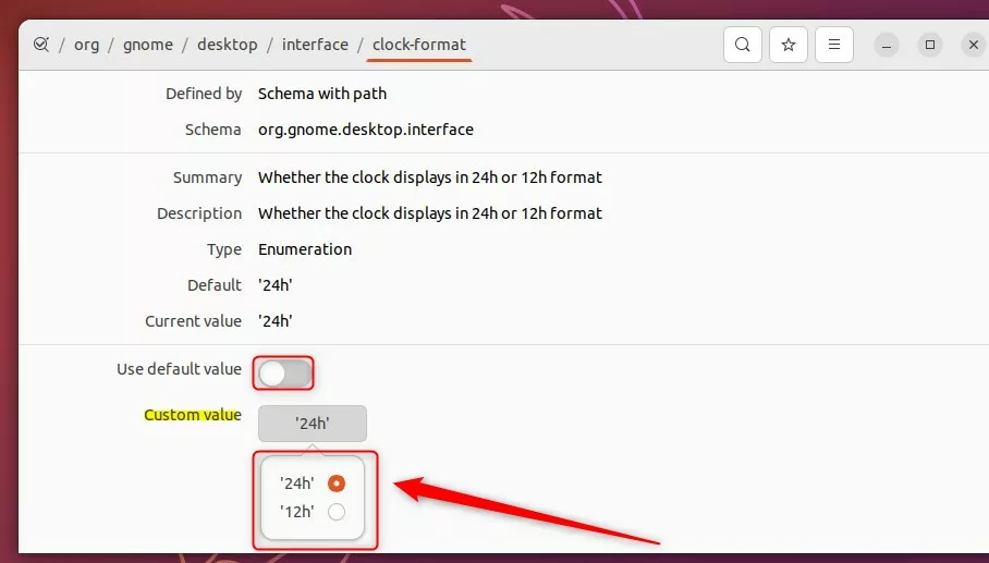 Ubuntu Linux date and time pane time format options via dconf