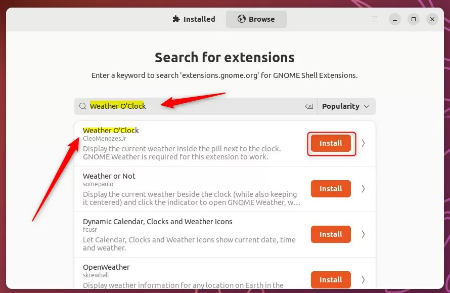Ubuntu Linux weather oclock install extension
