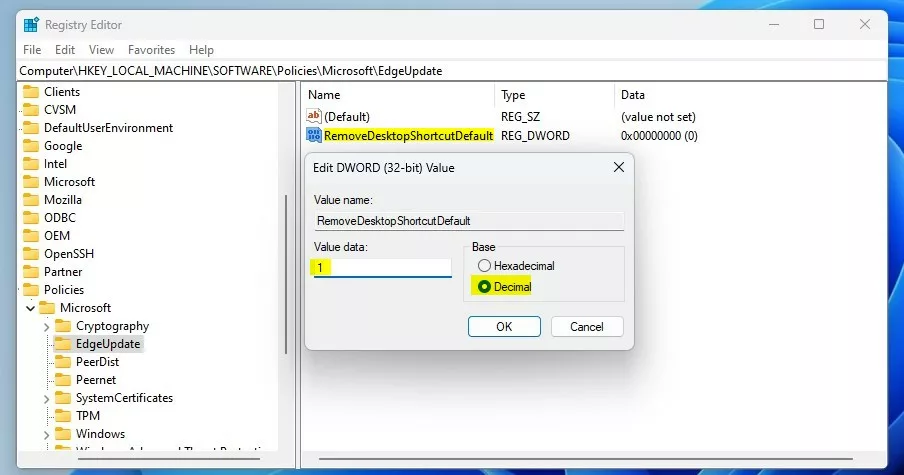 Windows Edge disable shortcut on desktop registry value data