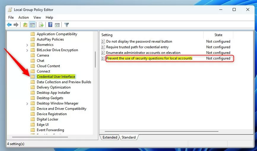 Windows prevent the use of security questions for local accounts