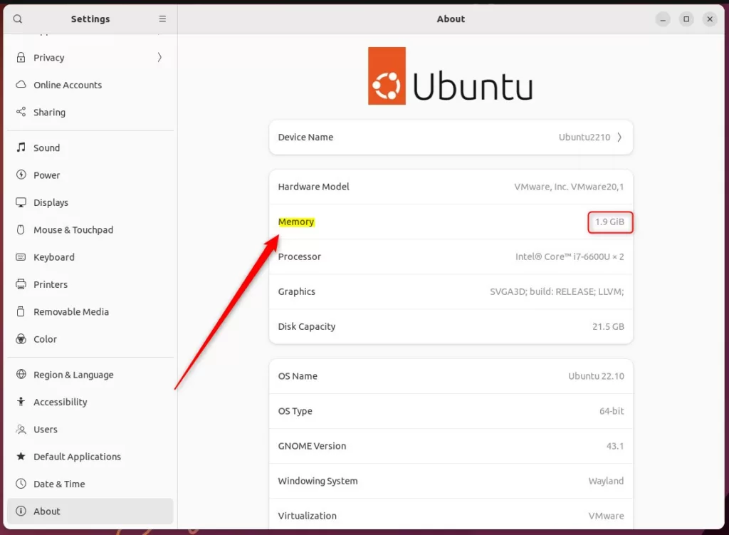 ubuntu linux about system ram