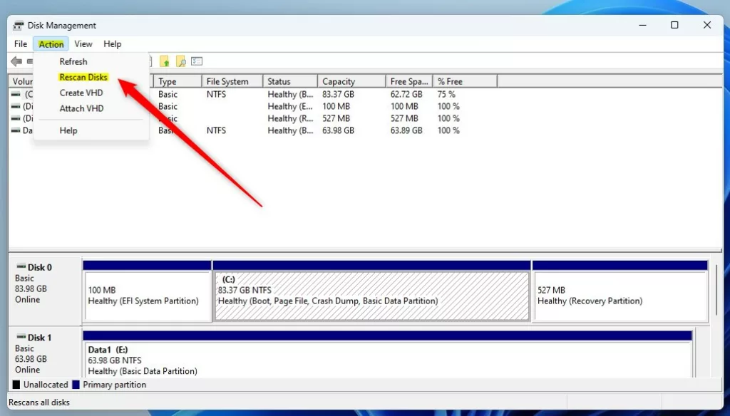 windows disk management rescan disks
