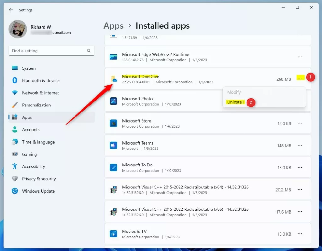 windows uninstall the onedrive app from settings