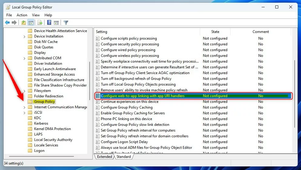 Windows Apps for websites settings in group policy editor