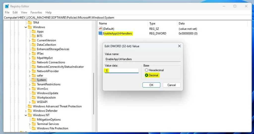Windows Apps for websites settings via registry editor value data
