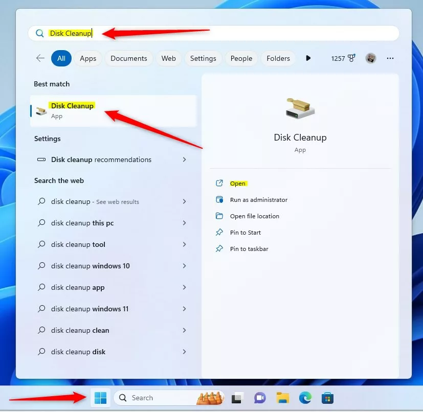 Windows Disk Cleanup app on start menu