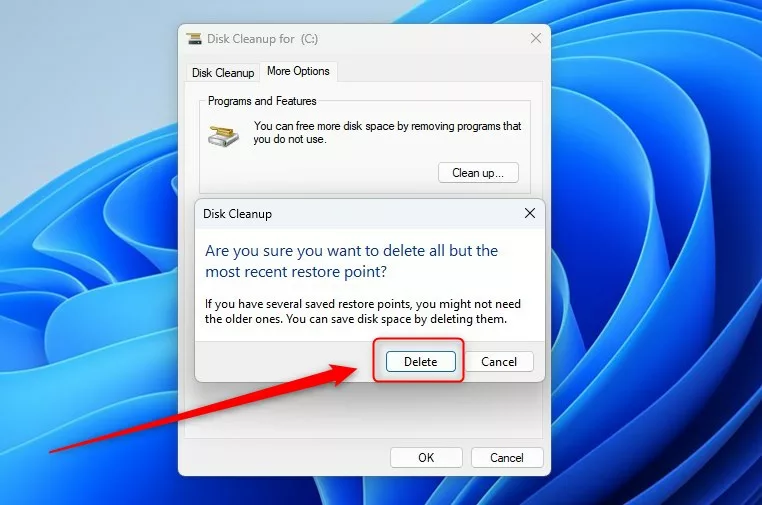 Windows Disk Cleanup clean up restore points delete button