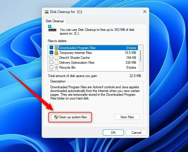 Windows Disk Cleanup clean up system files button