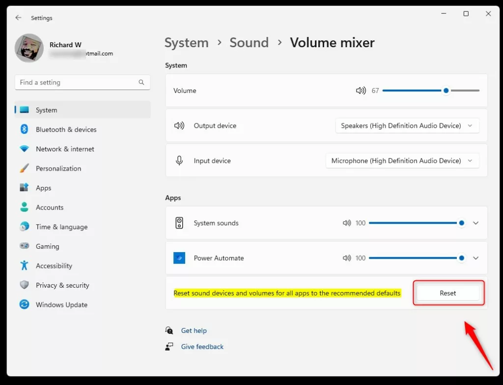 Windows Sound reset button in Windows Settings app