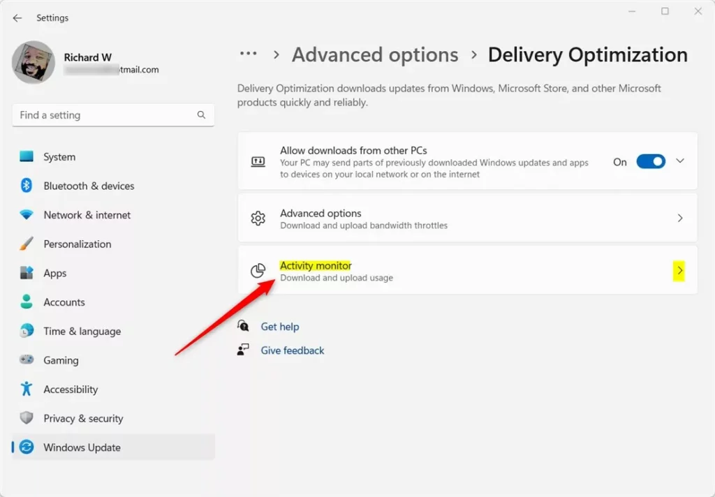 Windows Windows Update delivery optimization activity monitor