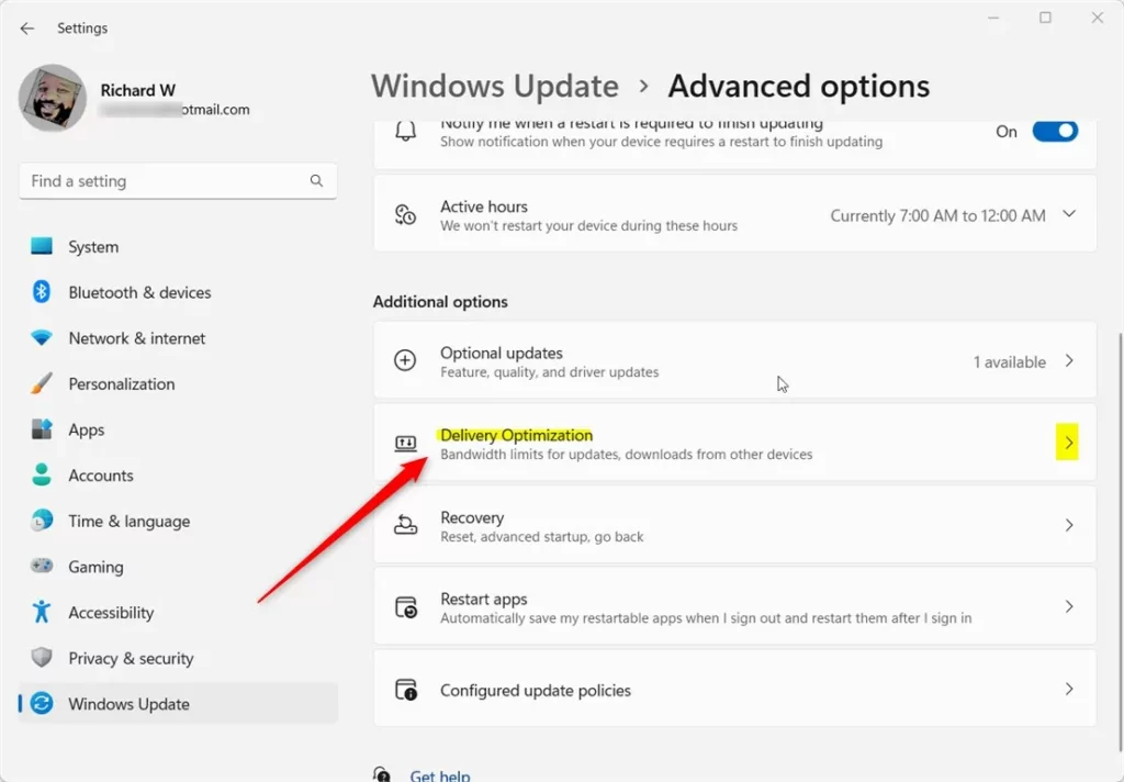 Windows Windows Update delivery optimization tile