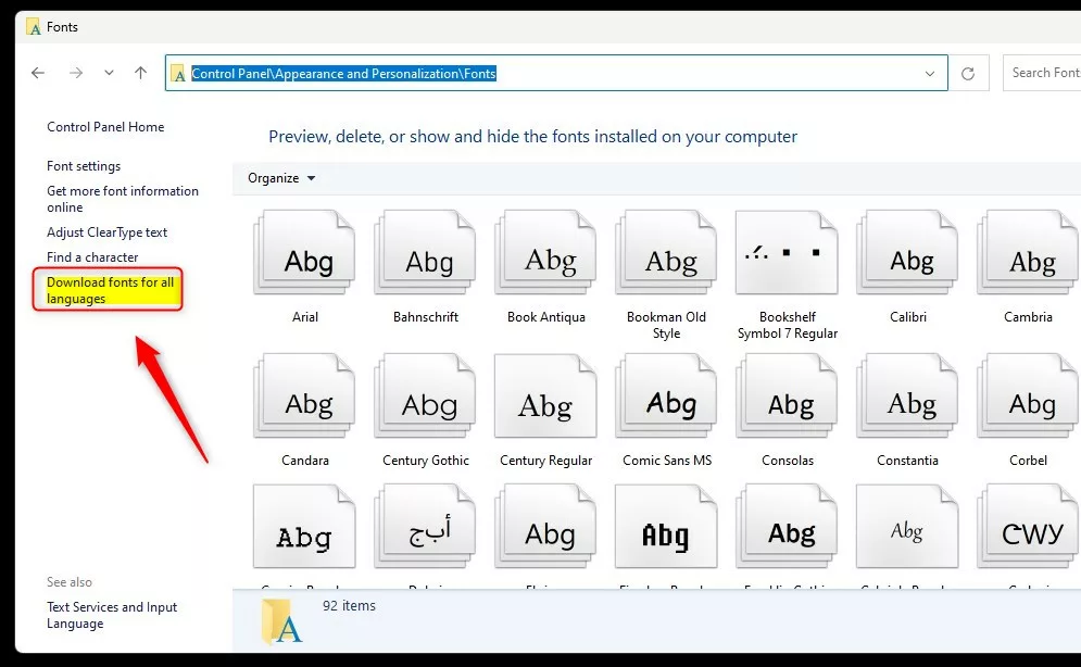 Windows download fonts for all languages control panel