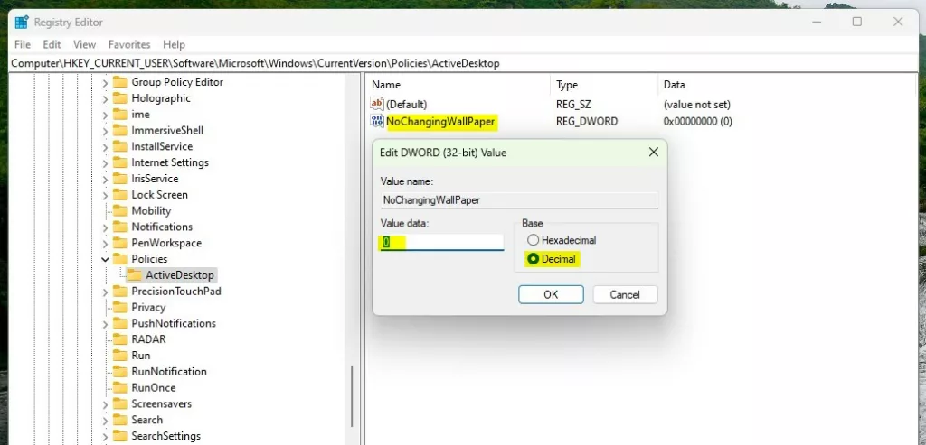 Windows prevent chaning desktop background registry value data
