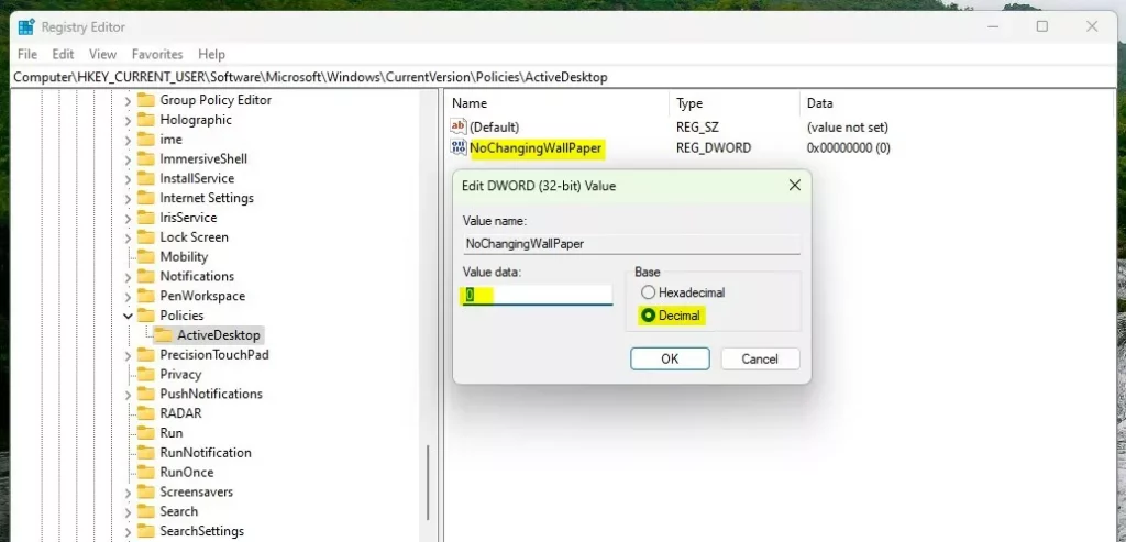 Windows prevent chaning desktop background registry value data