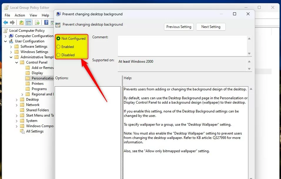 Windows prevent chaning desktop background setting options