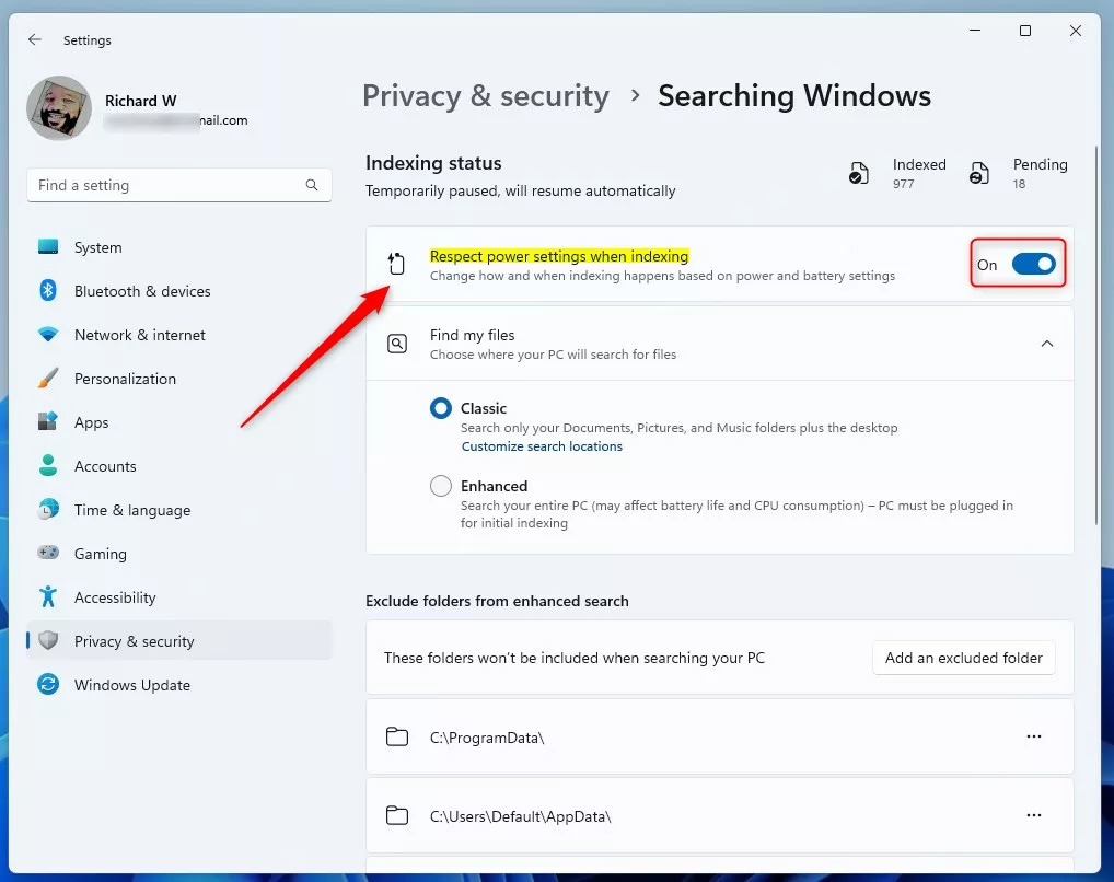 Windows repect power settings when indexing button