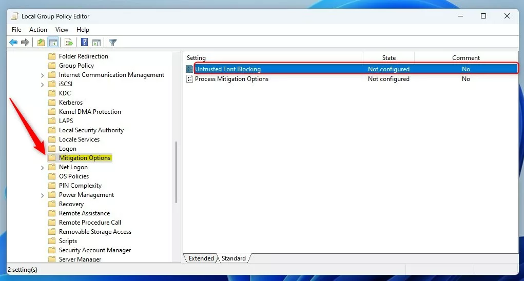 Windows untrusted font blocking local group policy editor