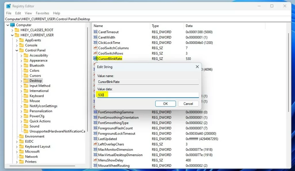 change cursor blink rate in Windows registry editor value data