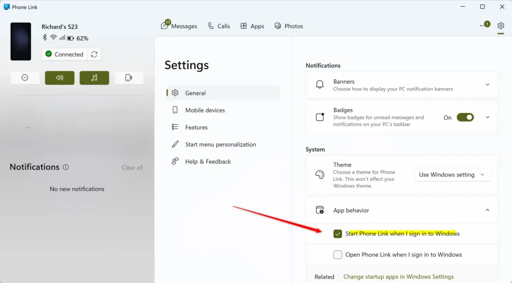 Phone Link app settings: Start Phone Link when I sign in to Windows option.