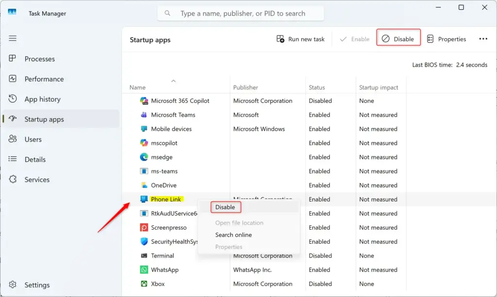 Task Manager startup apps list showing Phone Link enabled or disabled.