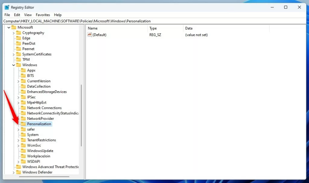 Personalization registry key in Windows 11